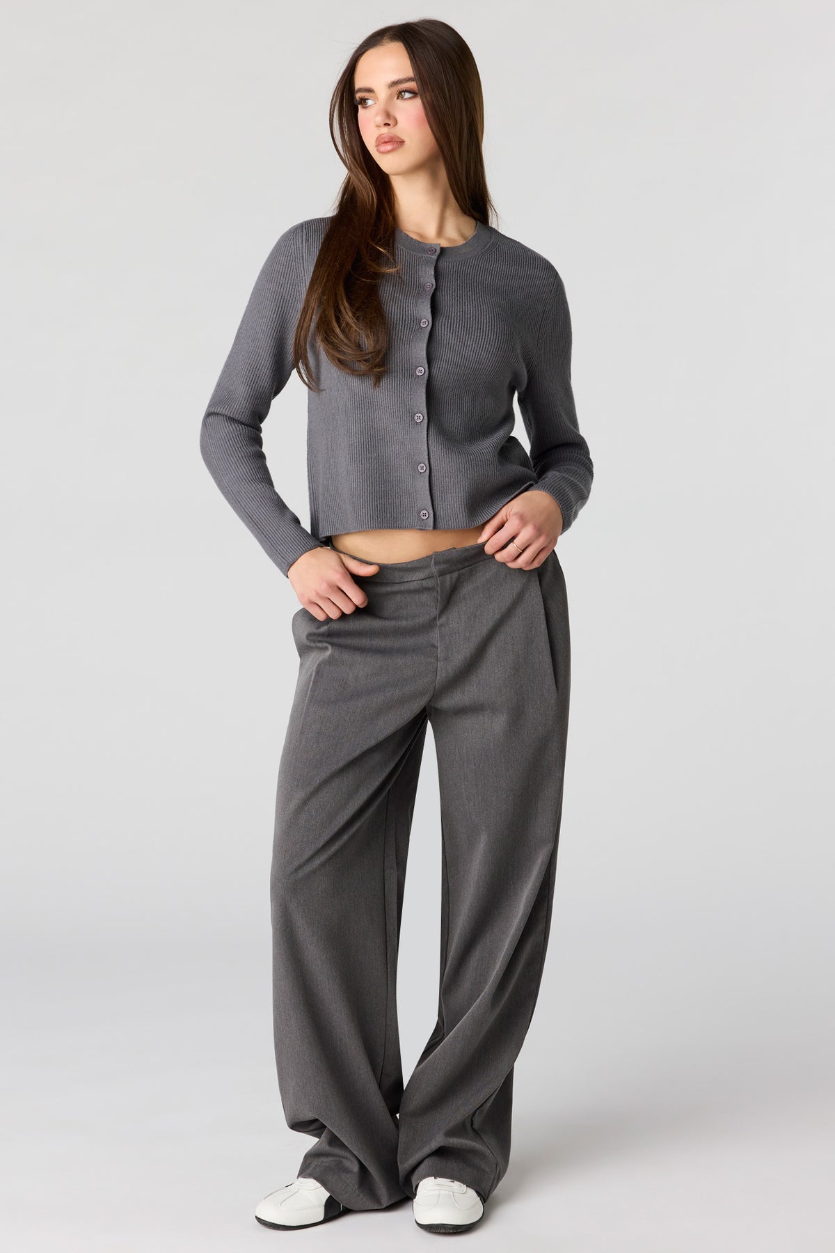 Alt View 3. Ribbed Button Front Cardigan - Charcoal