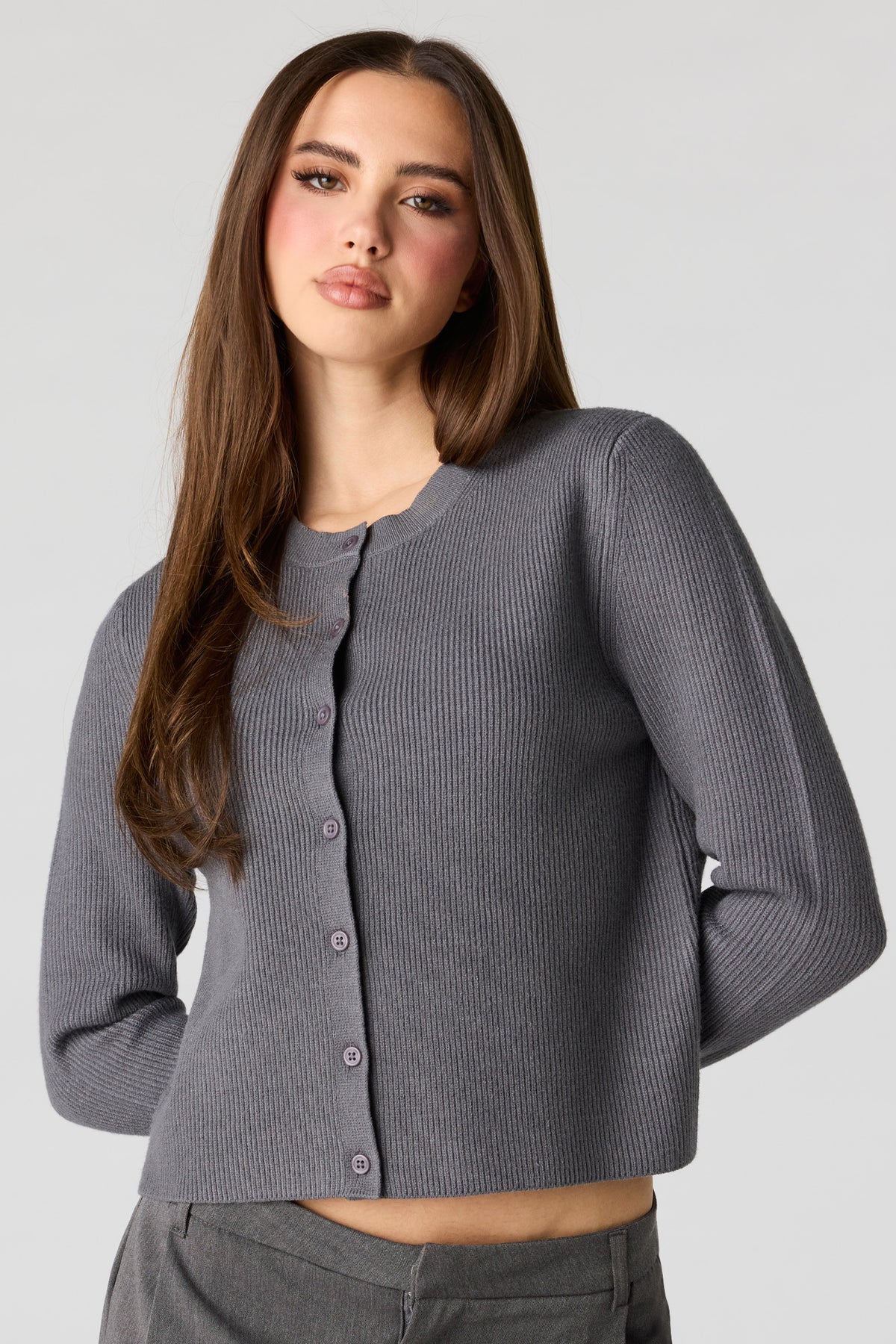 Ribbed Button Front Cardigan - Charcoal