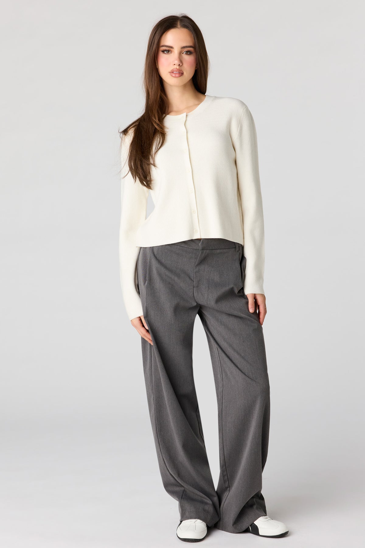 Alt View 3. Ribbed Button Front Cardigan - White