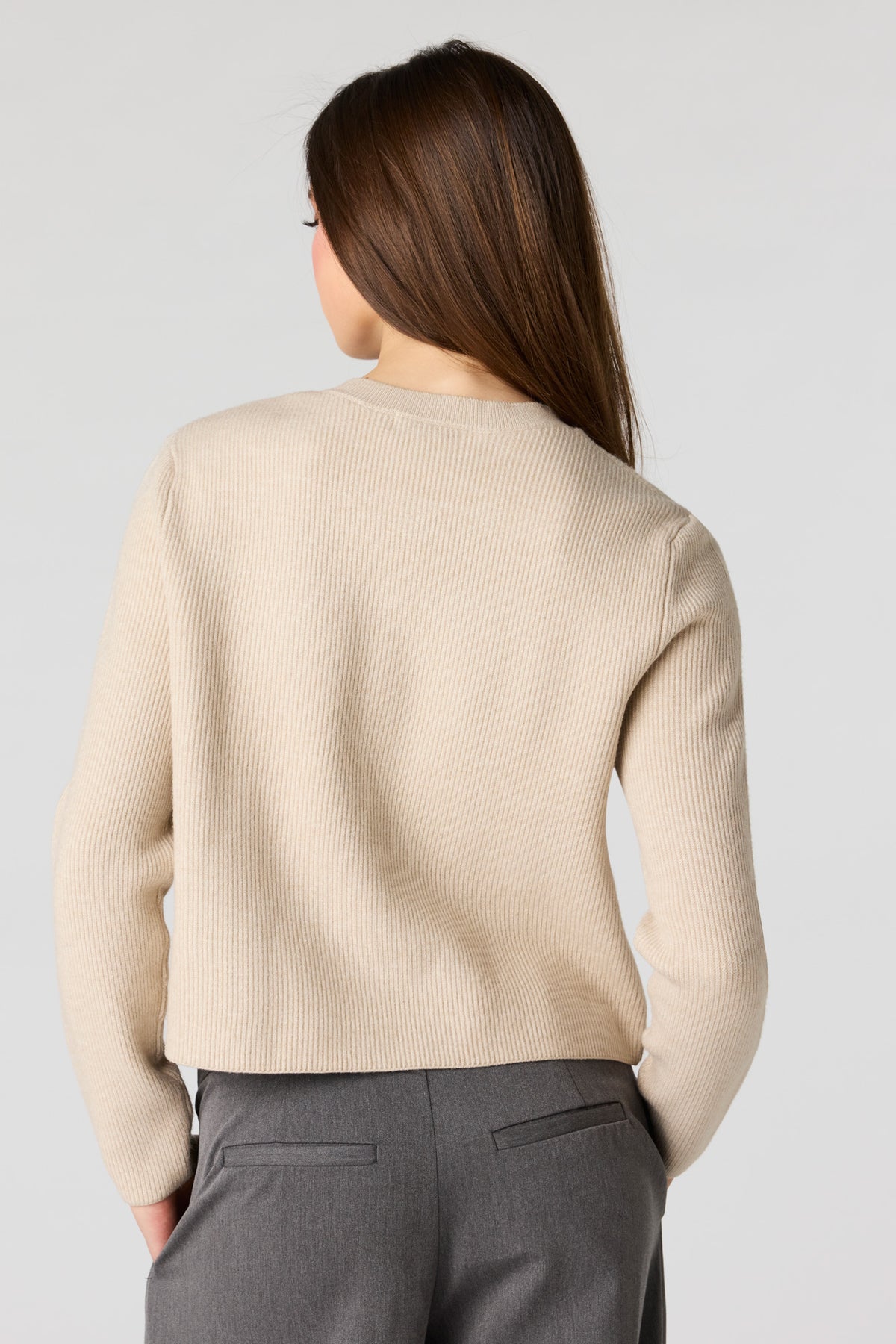 Alt View 2. Ribbed Button Front Cardigan - Oatmeal