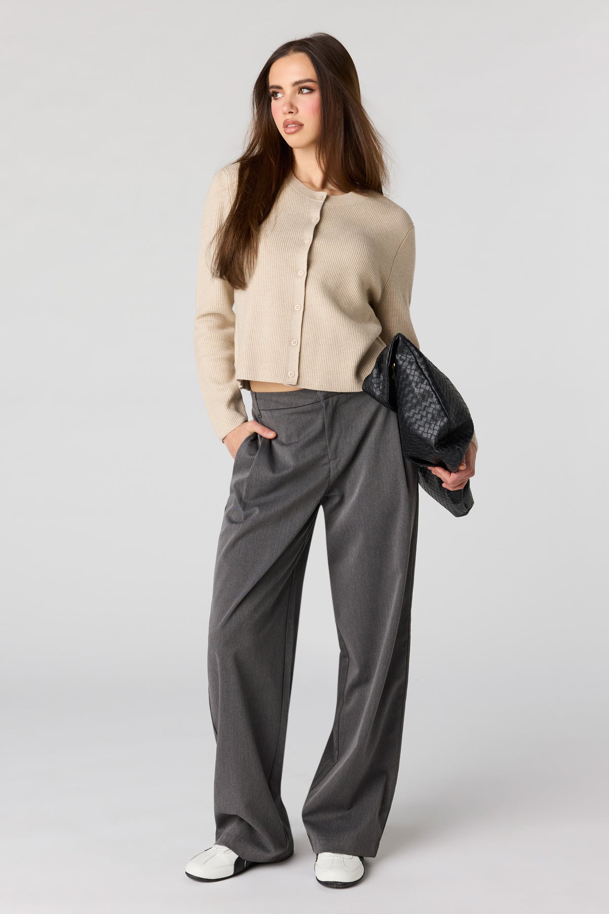 Alt View 3. Ribbed Button Front Cardigan - Oatmeal