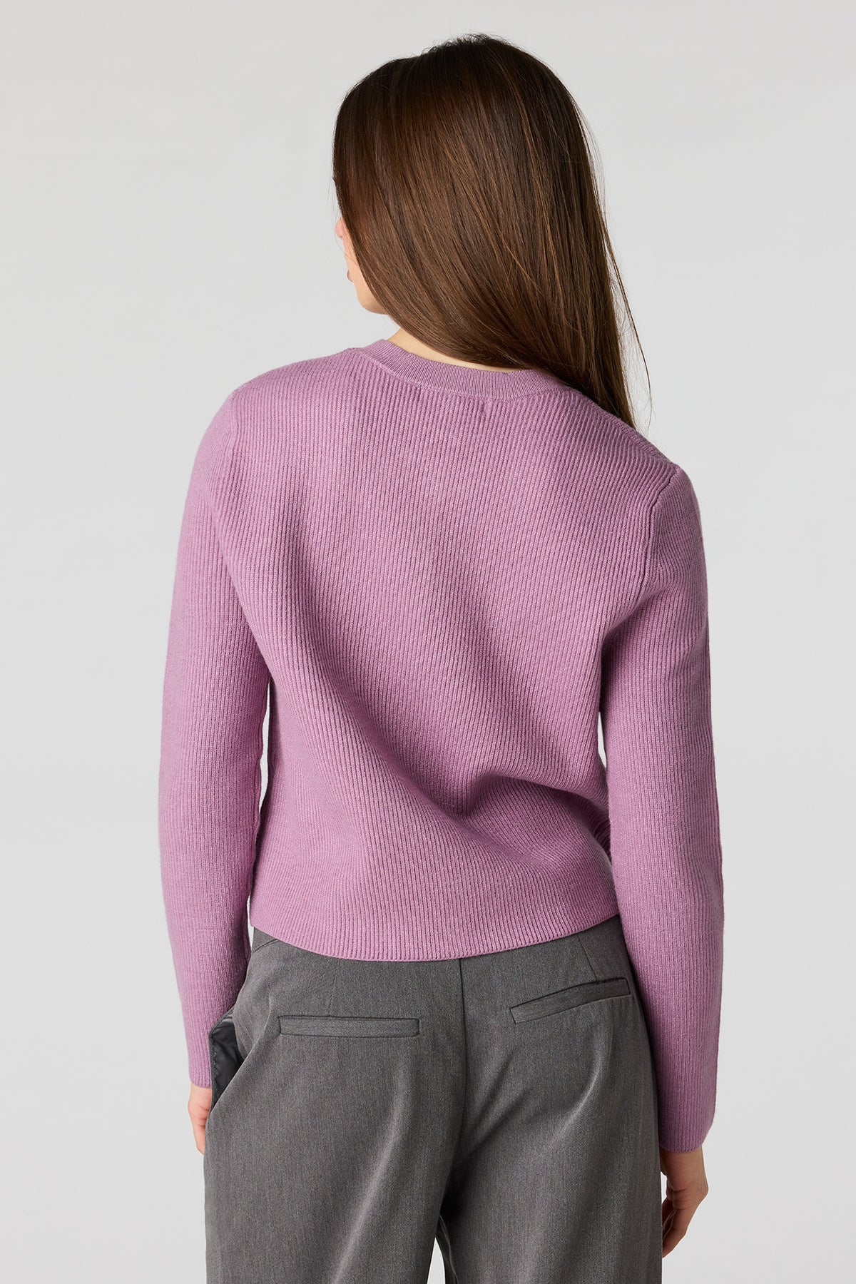 Alt View 2. Ribbed Button Front Cardigan - Purple