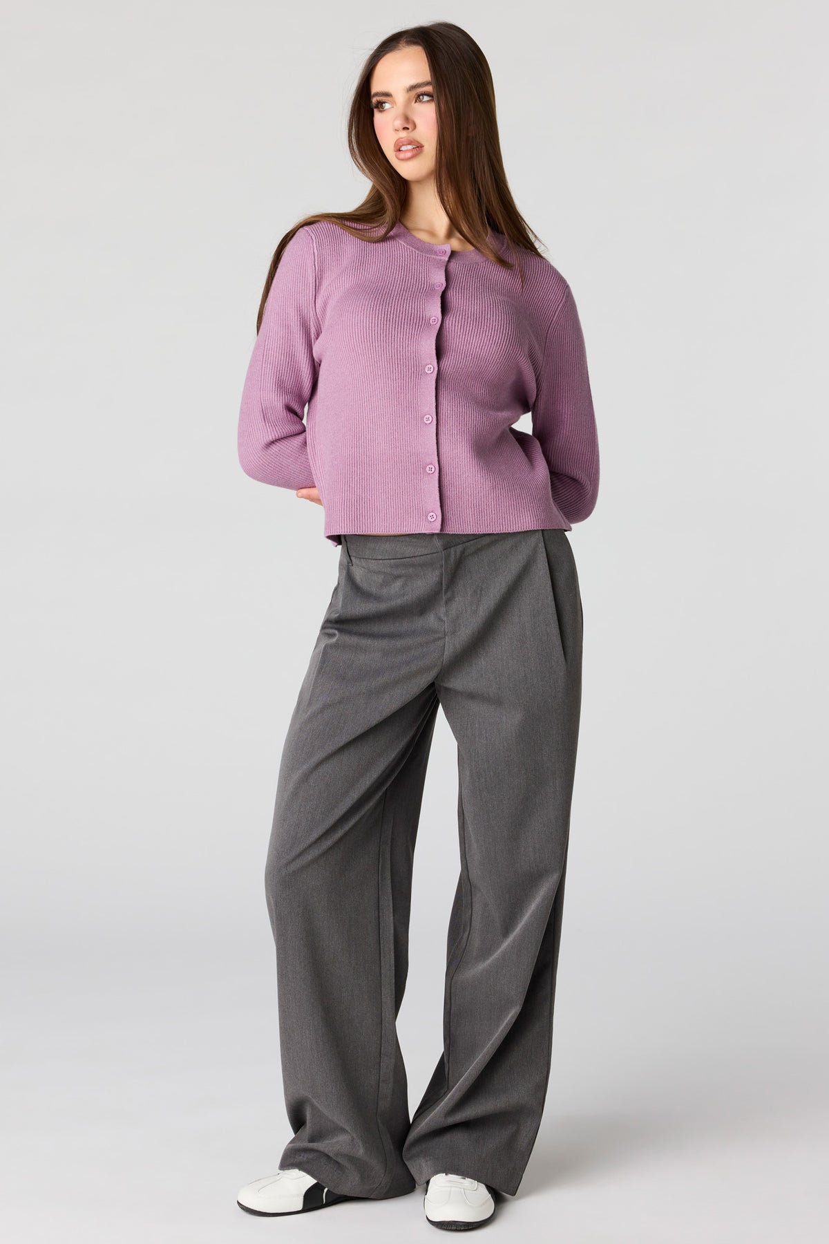Alt View 3. Ribbed Button Front Cardigan - Purple