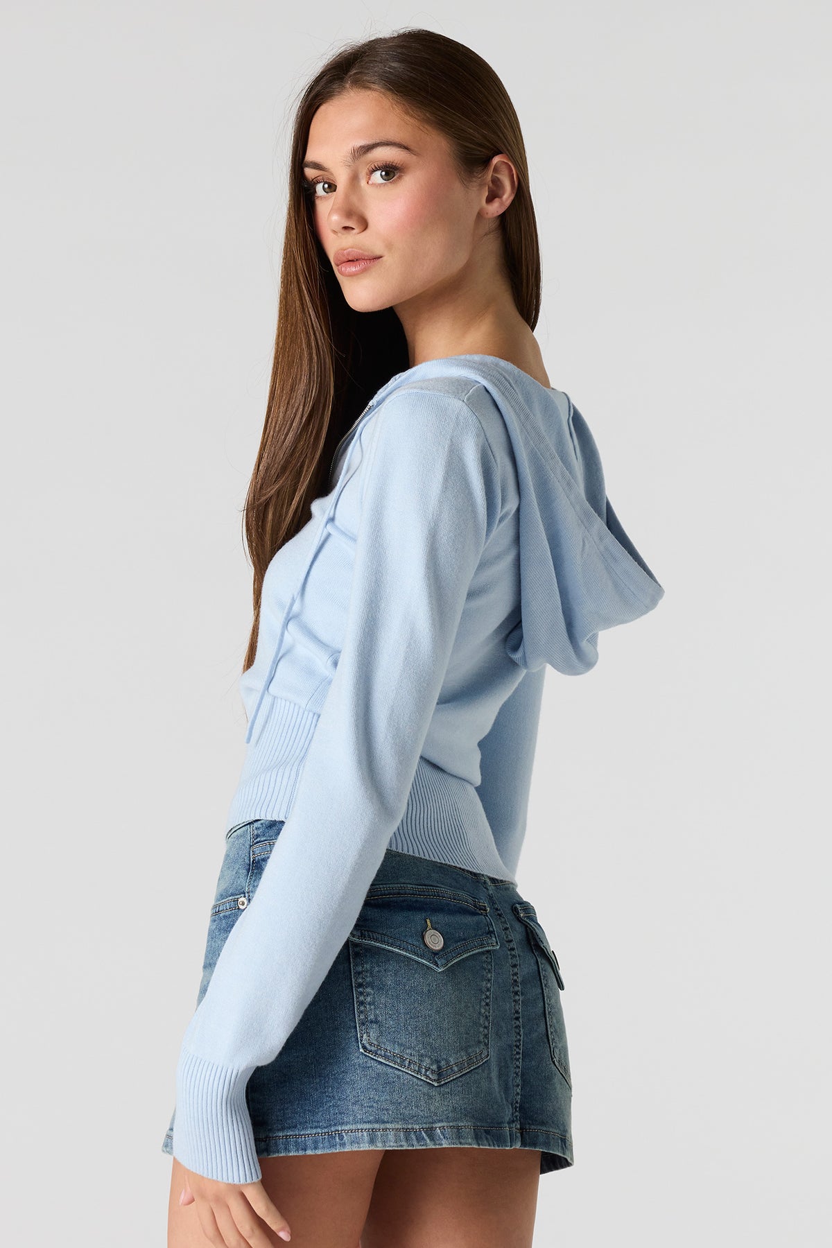 Alt View 2. Zip-Up Hooded Sweater - Light Blue