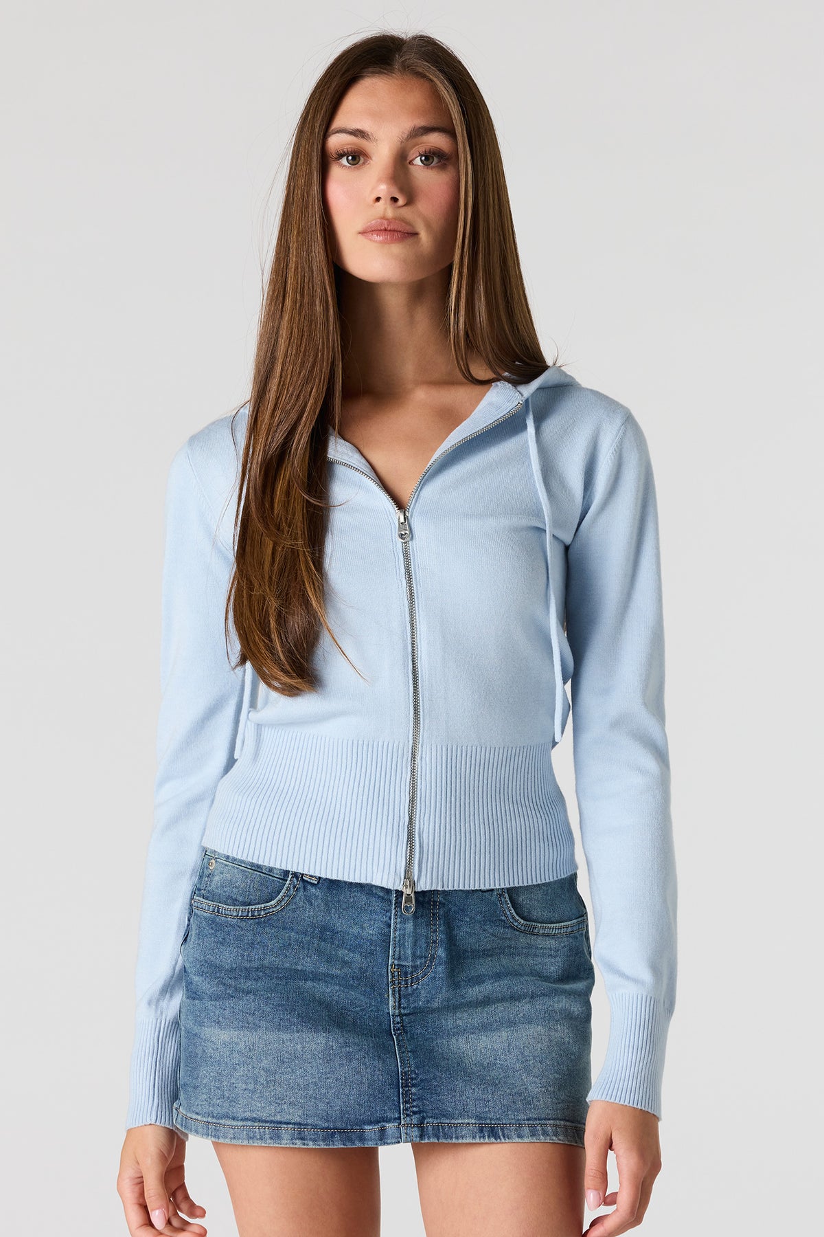 Zip-Up Hooded Sweater - Light Blue