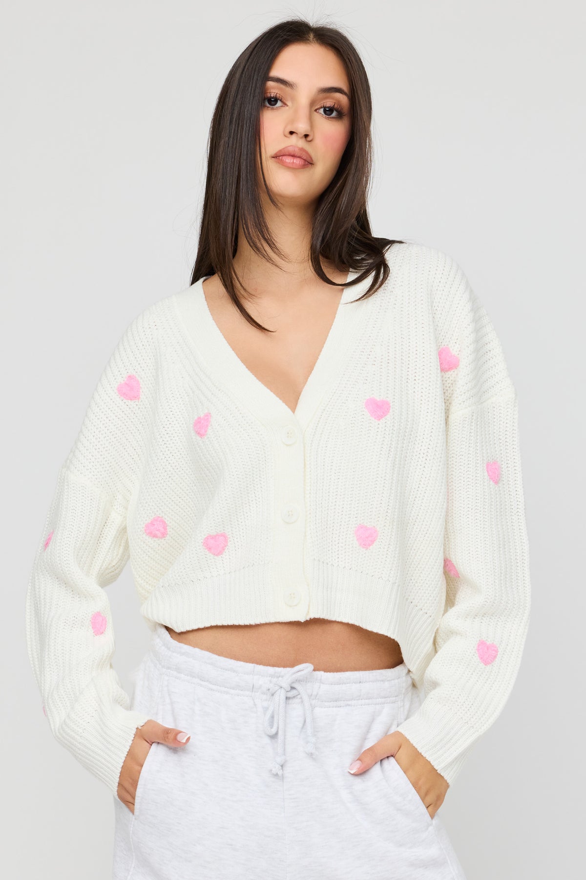 3D Heart Button-Up Cardigan - White