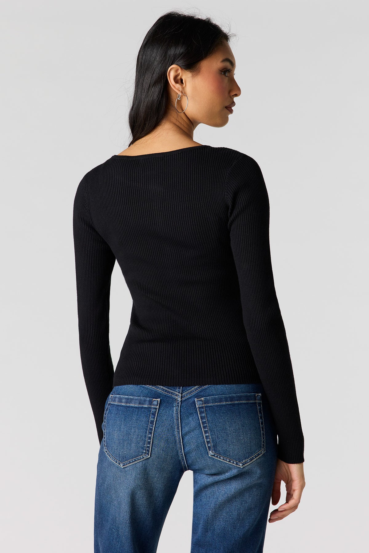 Alt View 2. Ribbed Knit Button Front Cardigan - Black