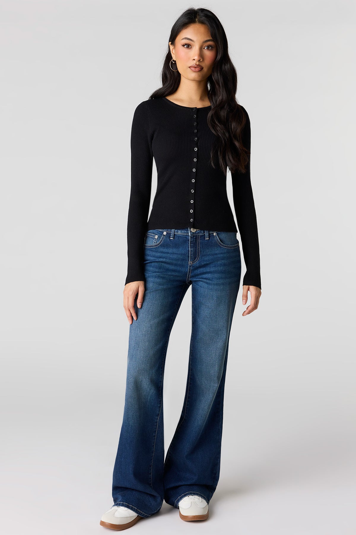 Alt View 3. Ribbed Knit Button Front Cardigan - Black