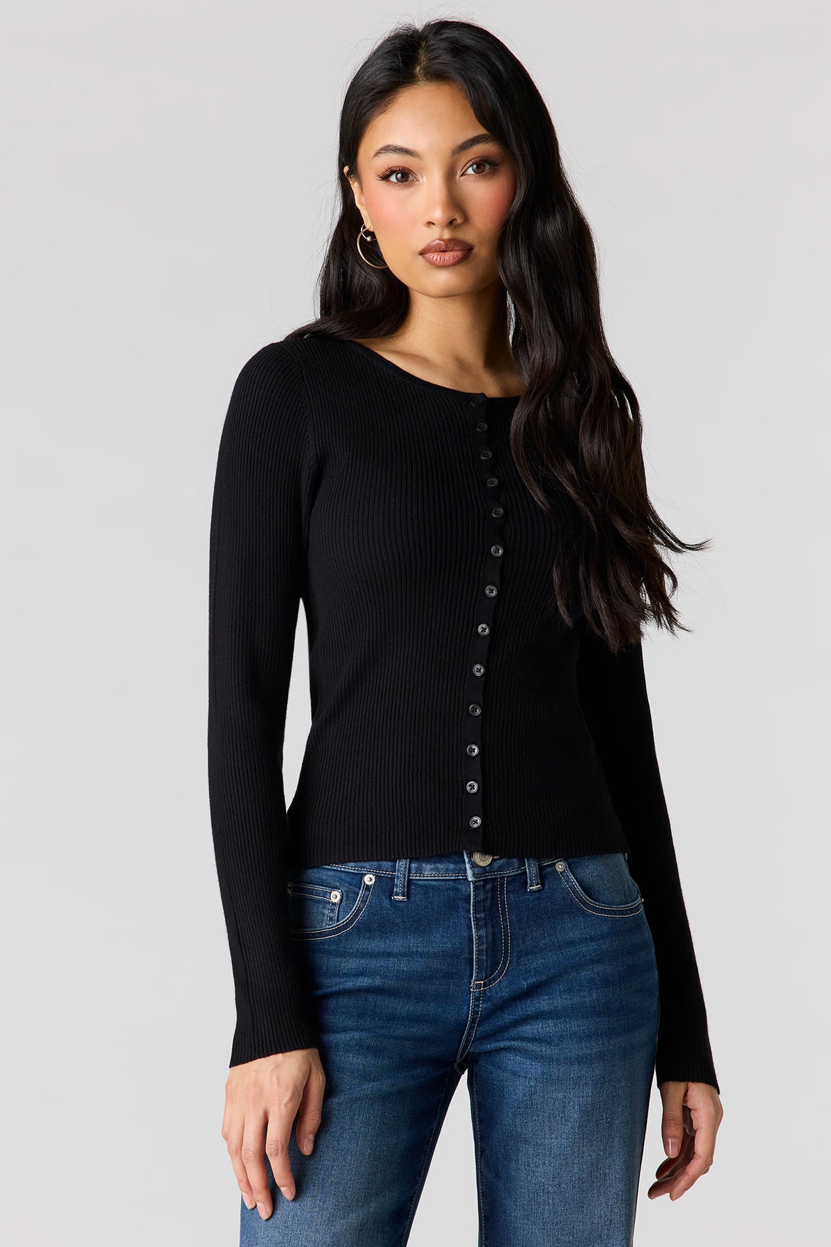 Ribbed Knit Button Front Cardigan - Black