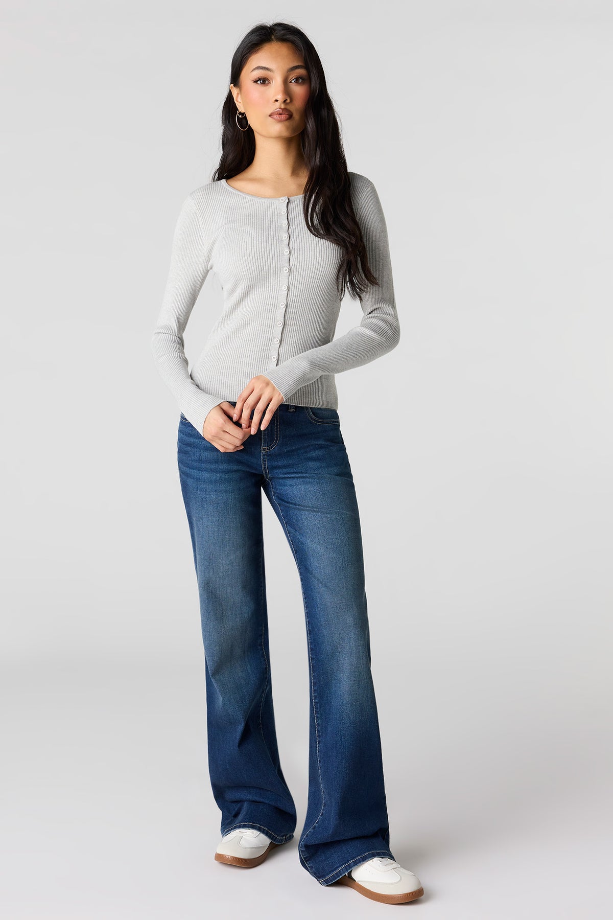 Alt View 3. Ribbed Knit Button Front Cardigan - Heather Grey