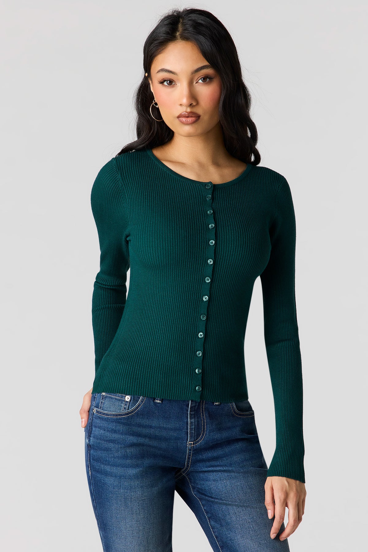 Ribbed Knit Button Front Cardigan - Green