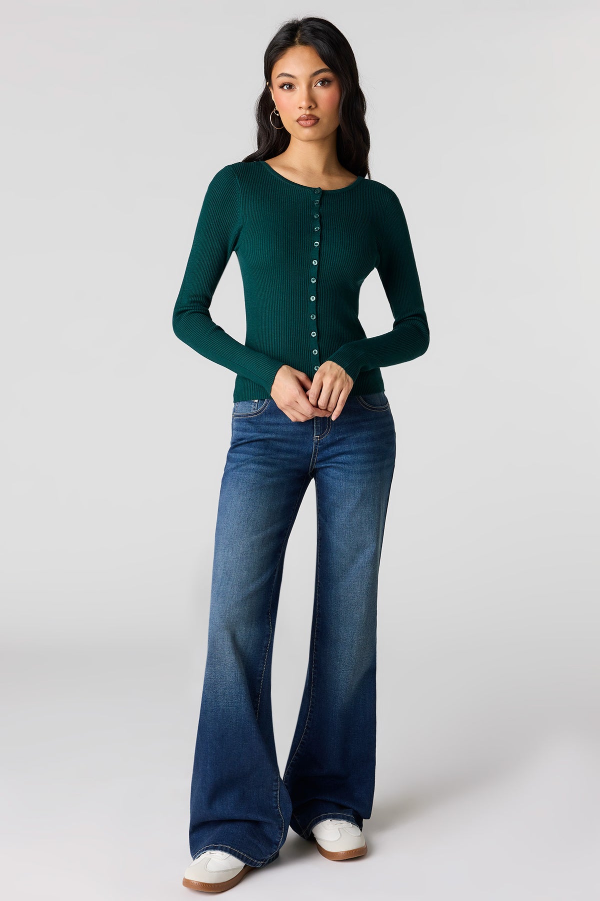 Alt View 3. Ribbed Knit Button Front Cardigan - Green