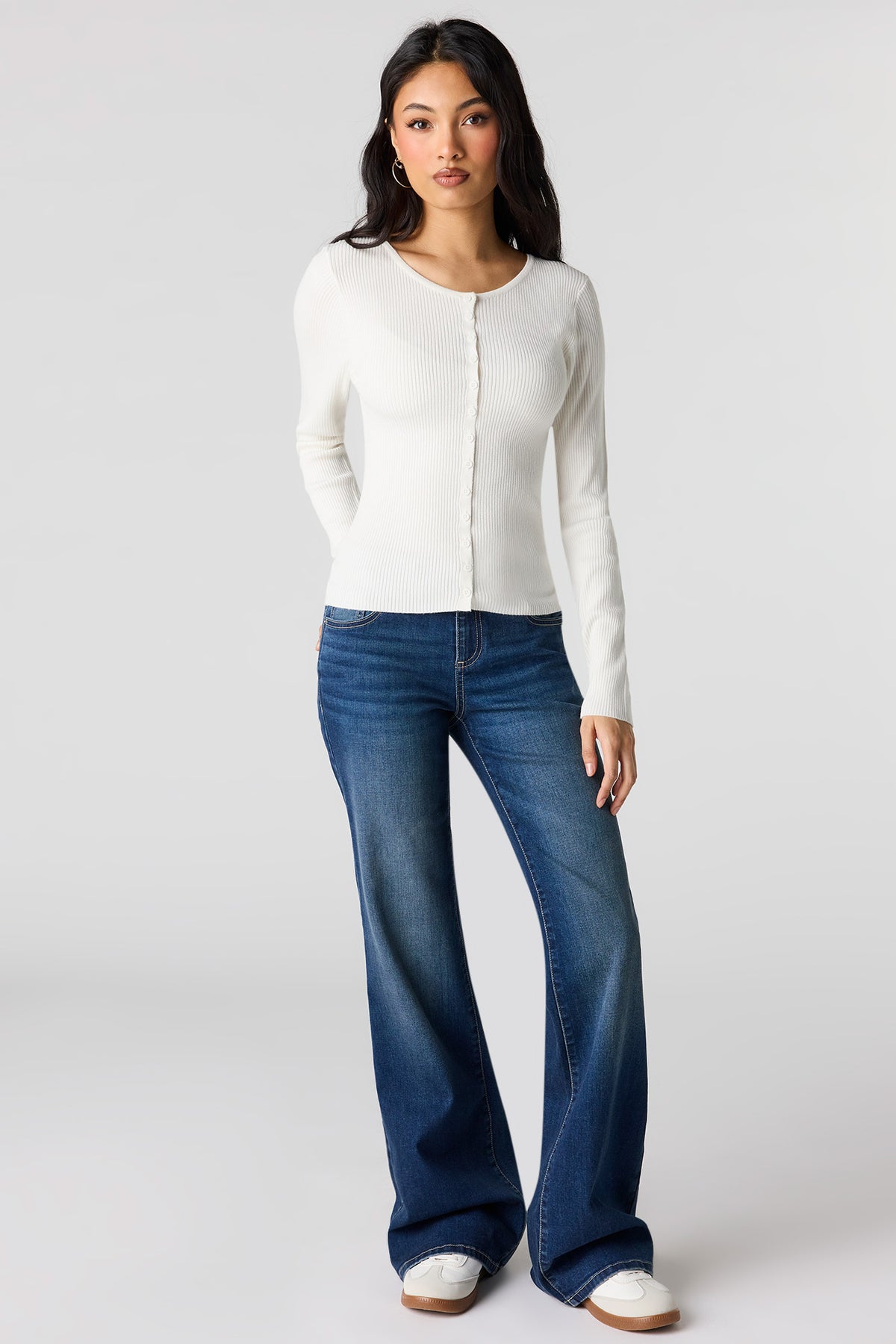 Alt View 3. Ribbed Knit Button Front Cardigan - Ivory