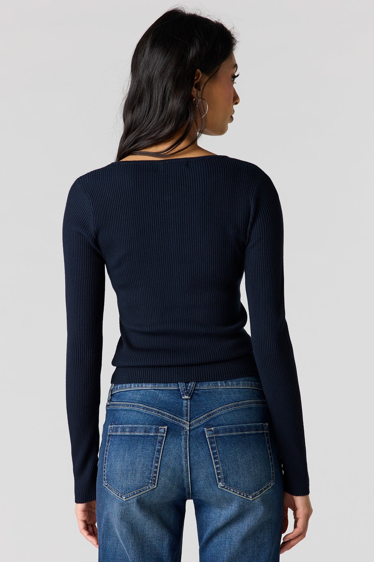 Alt View 2. Ribbed Knit Button Front Cardigan - Navy