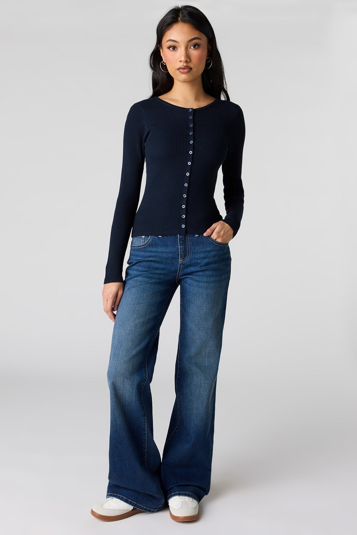 Alt View 3. Ribbed Knit Button Front Cardigan - Navy