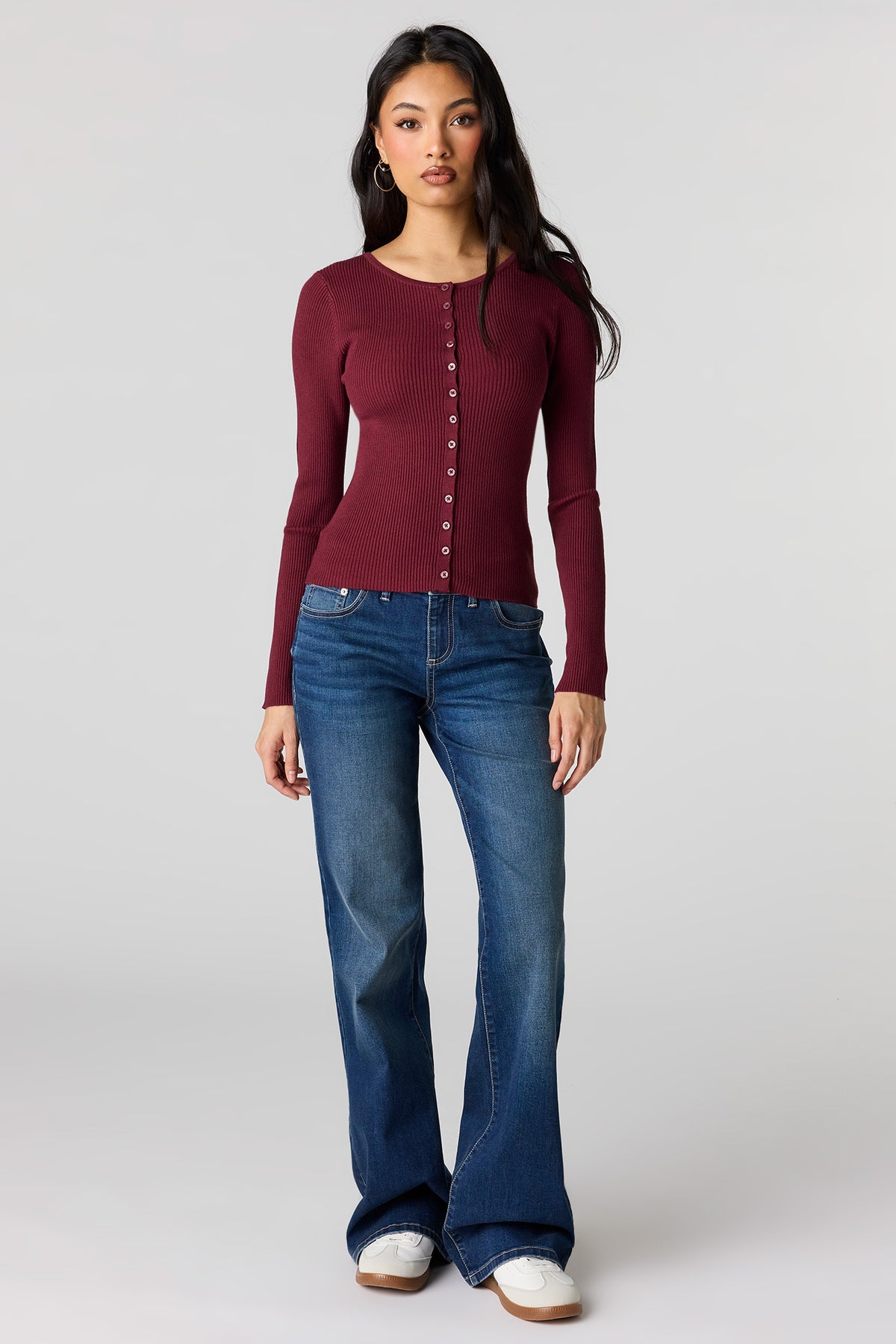 Alt View 3. Ribbed Knit Button Front Cardigan - Burgundy