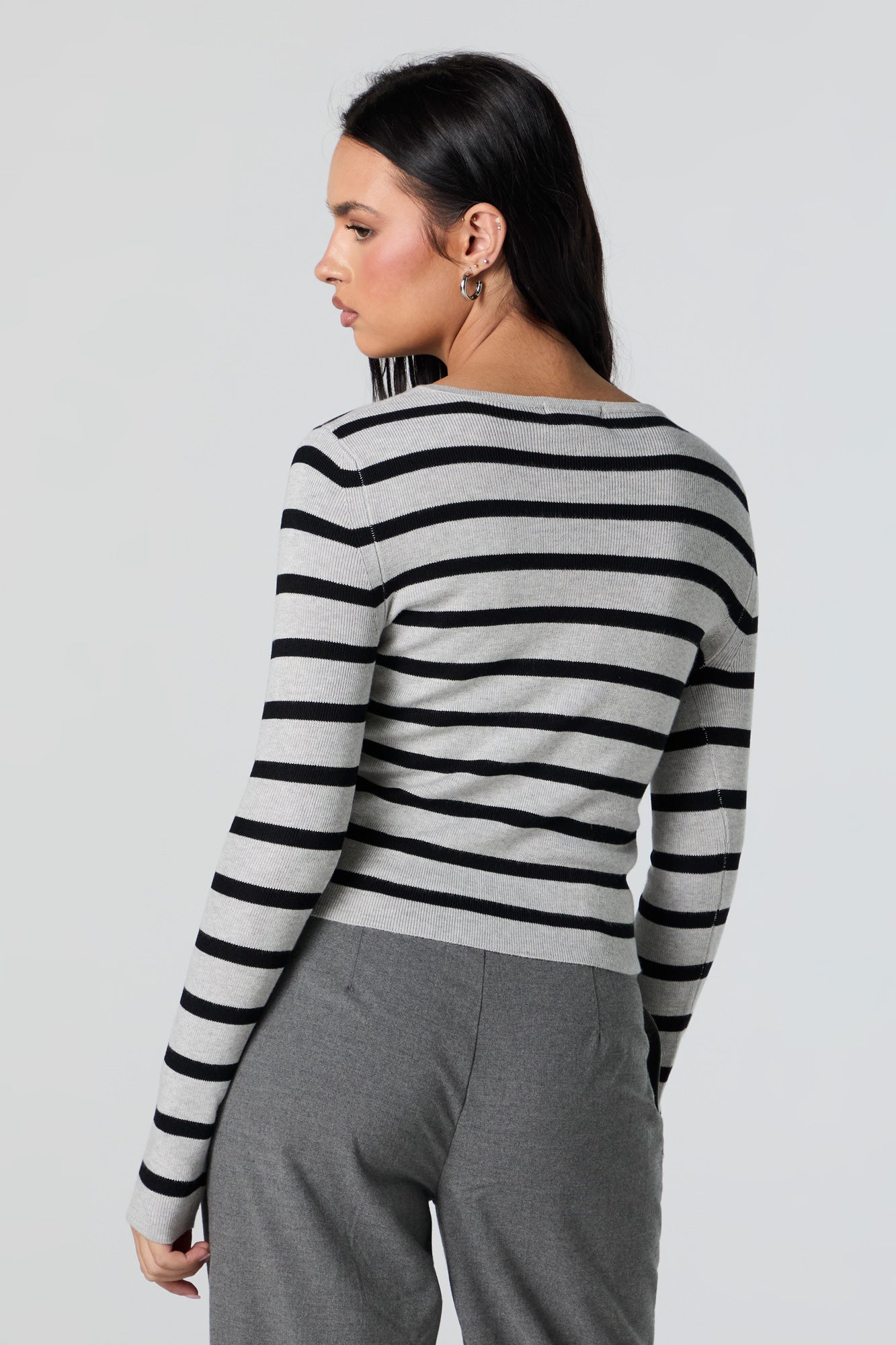 Striped Ribbed Knit Button-Up Sweater