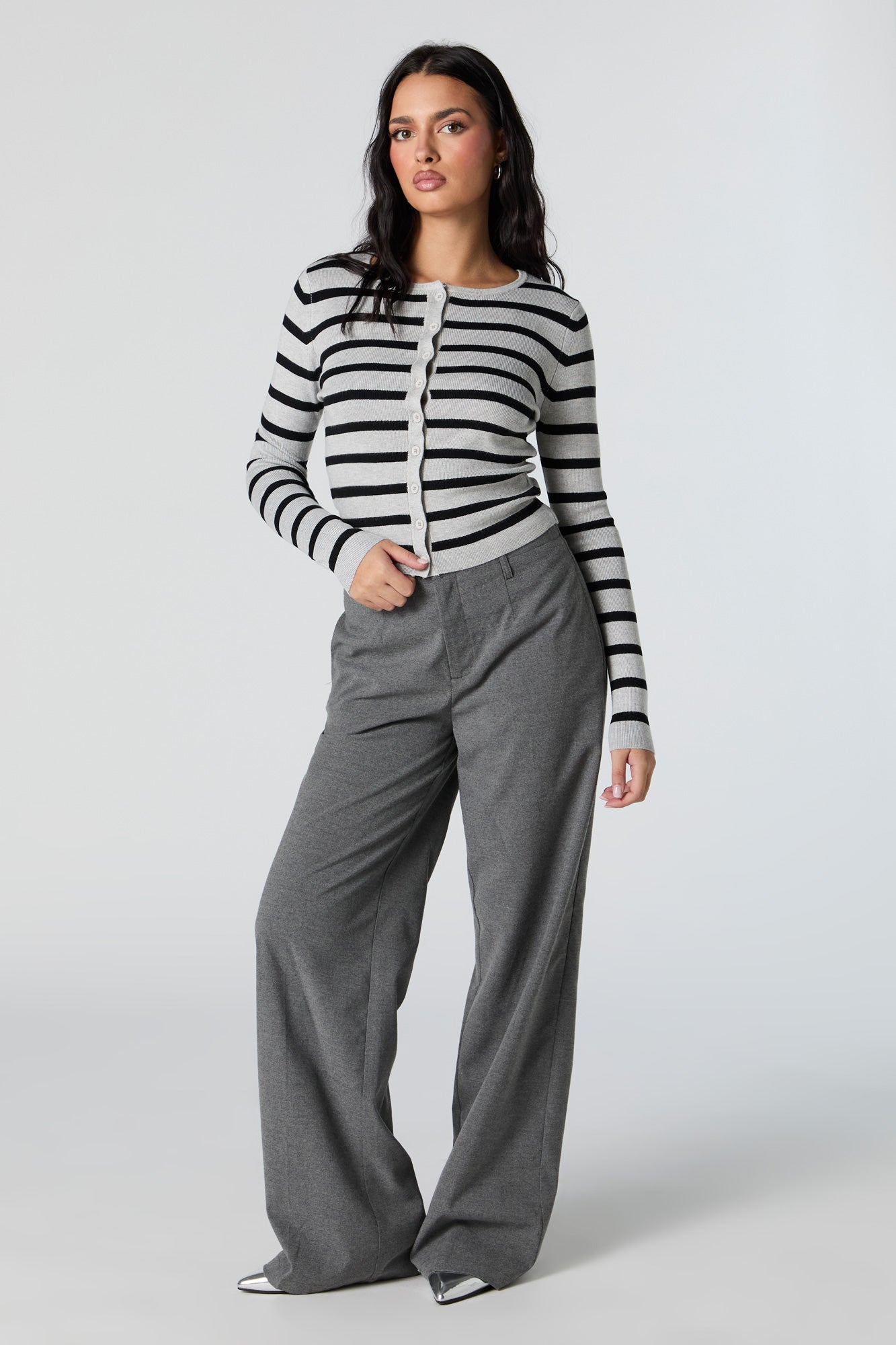 Striped Ribbed Knit Button-Up Sweater