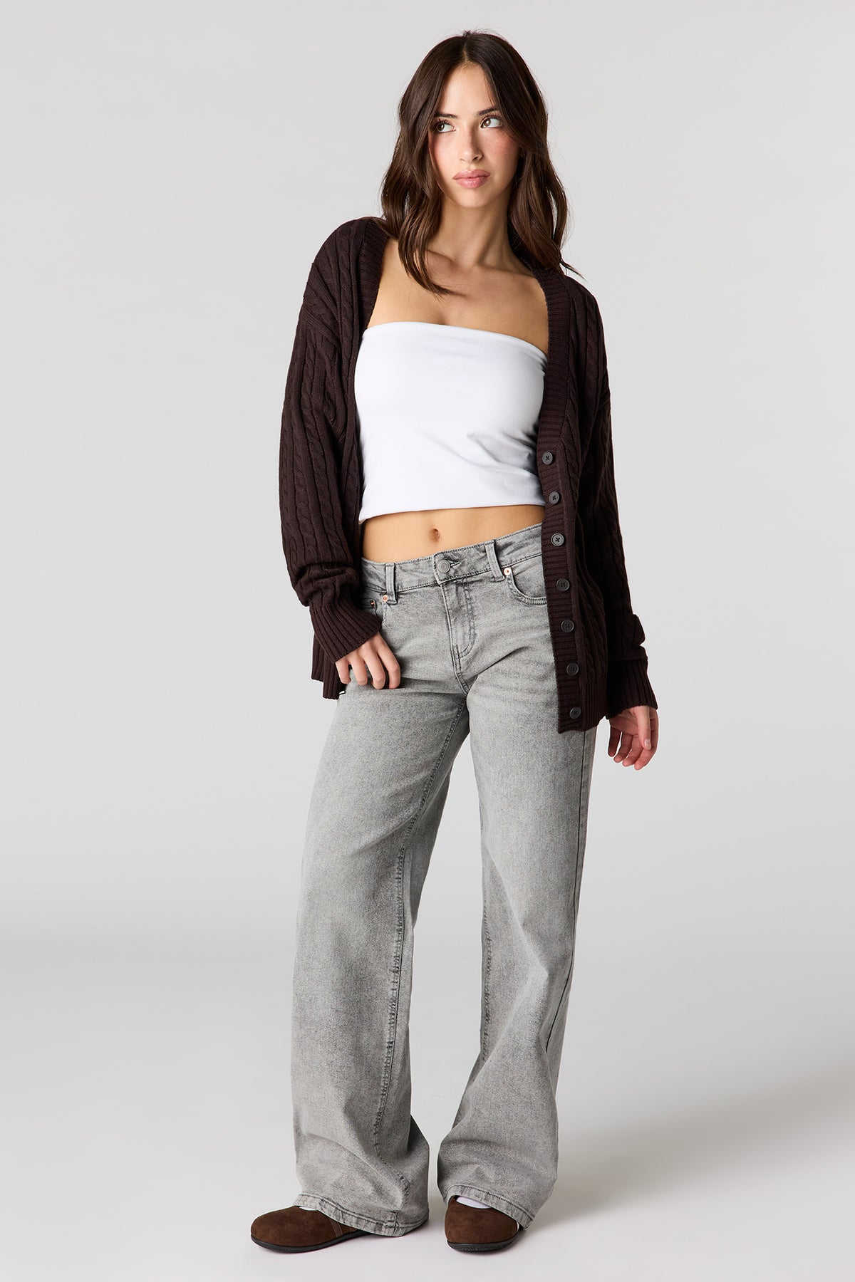 Alt View 3. Cable Knit Oversized Cardigan - Brown