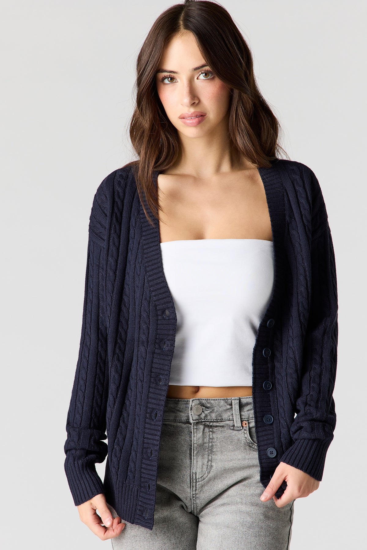 Cable Knit Oversized Cardigan - Navy