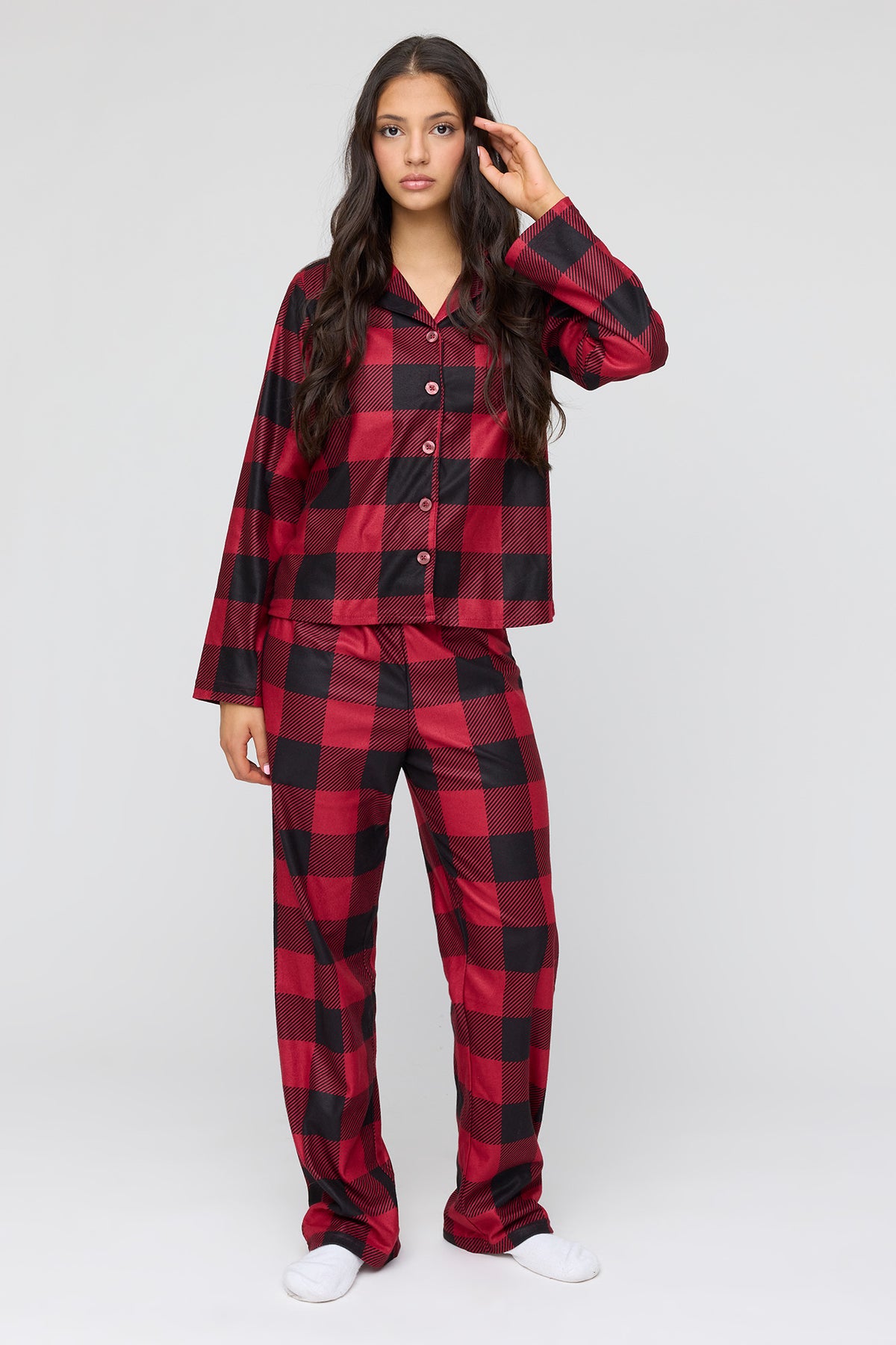 Alt View 3. Womens Red Plaid Flannel Fammy Jammies Set - Red