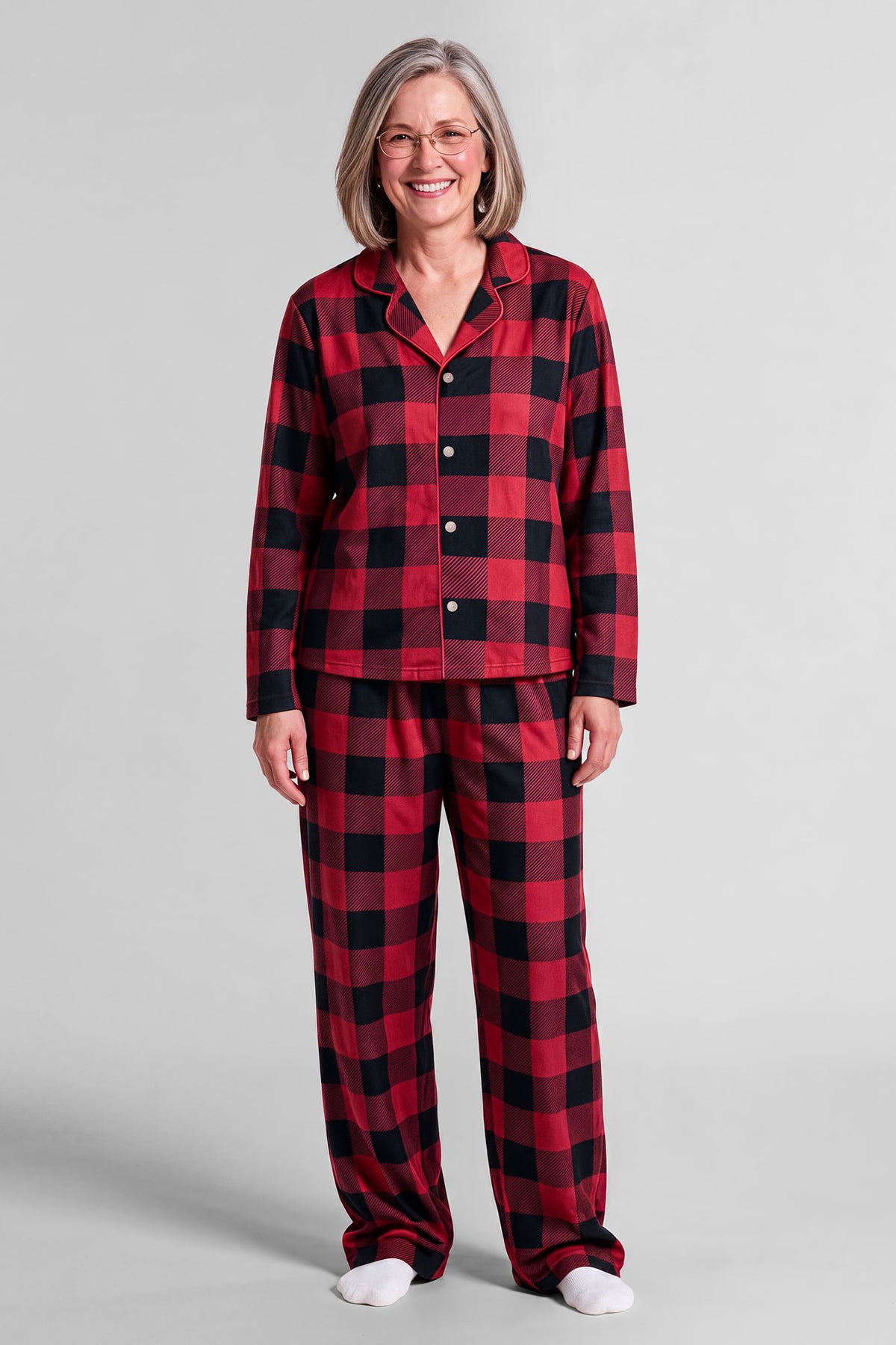 Womens Red Plaid Flannel Fammy Jammies Set - Red