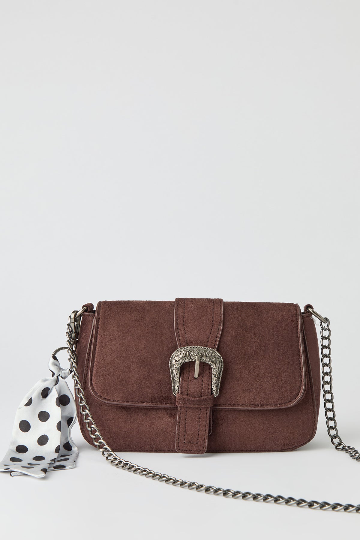 Suede Cross Body Bag with Keychain - Brown