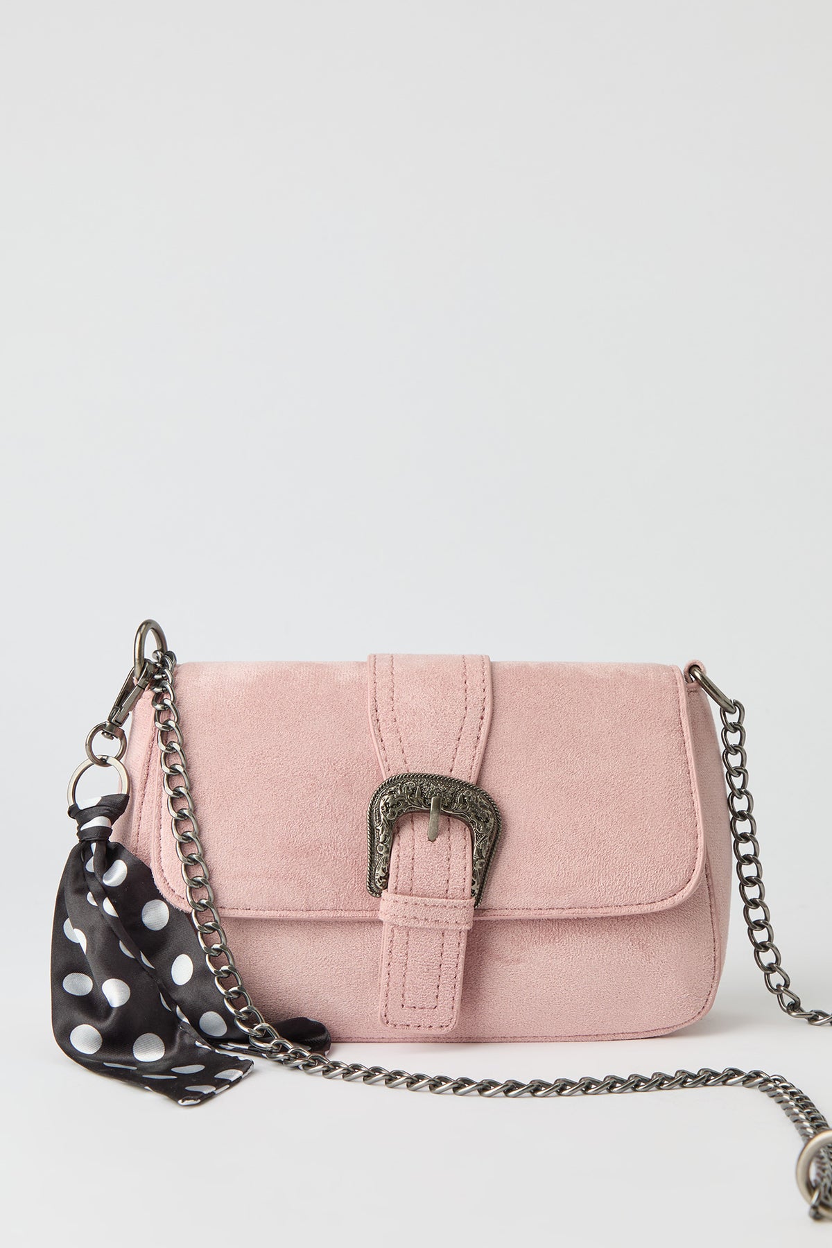 Suede Cross Body Bag with Keychain - Pink