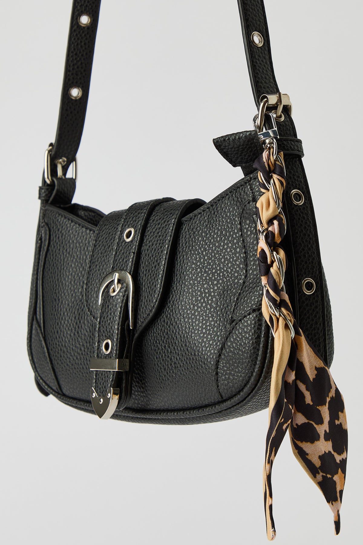 Alt View 2. Faux Leather Belted Purse with Scarf - Black