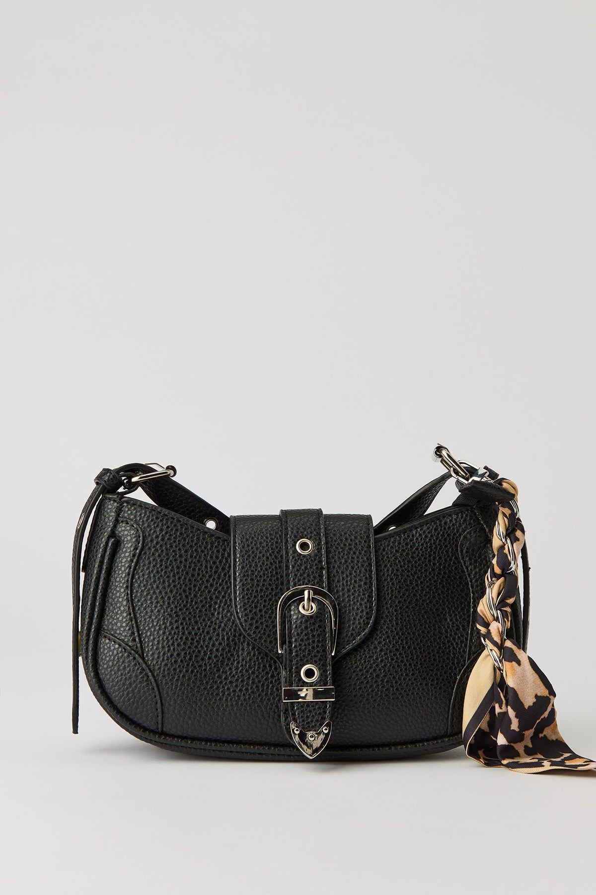 Faux Leather Belted Purse with Scarf - Black