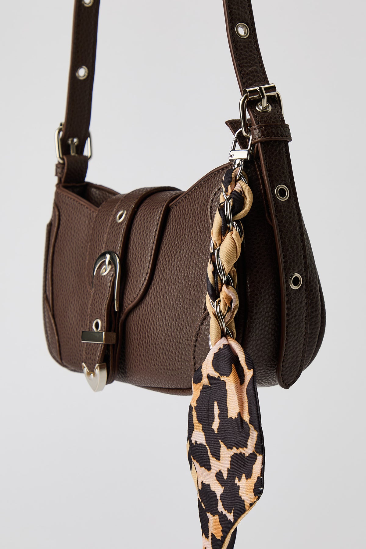 Alt View 2. Faux Leather Belted Purse with Scarf - Brown