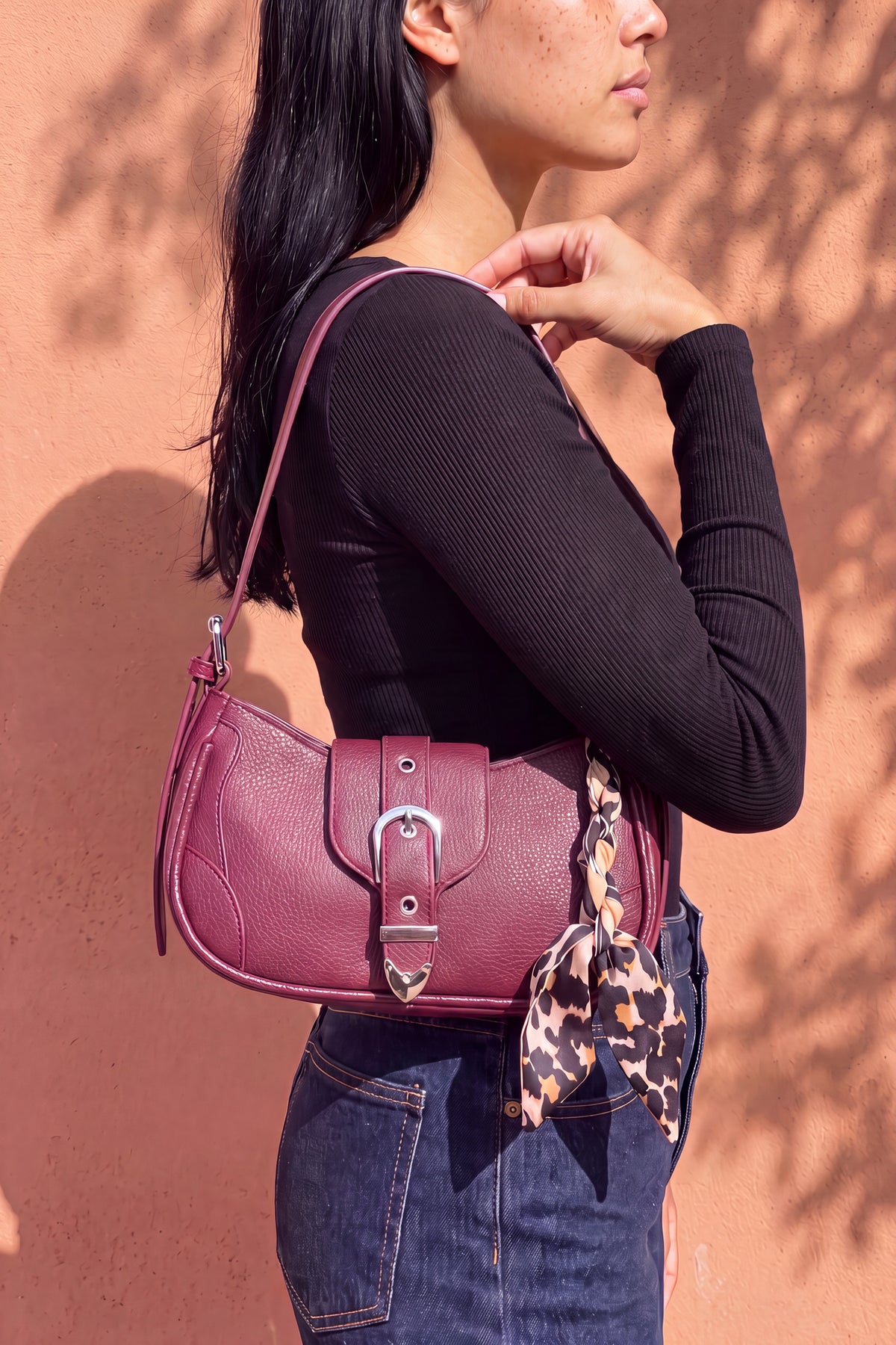Faux Leather Belted Purse with Scarf - Wine