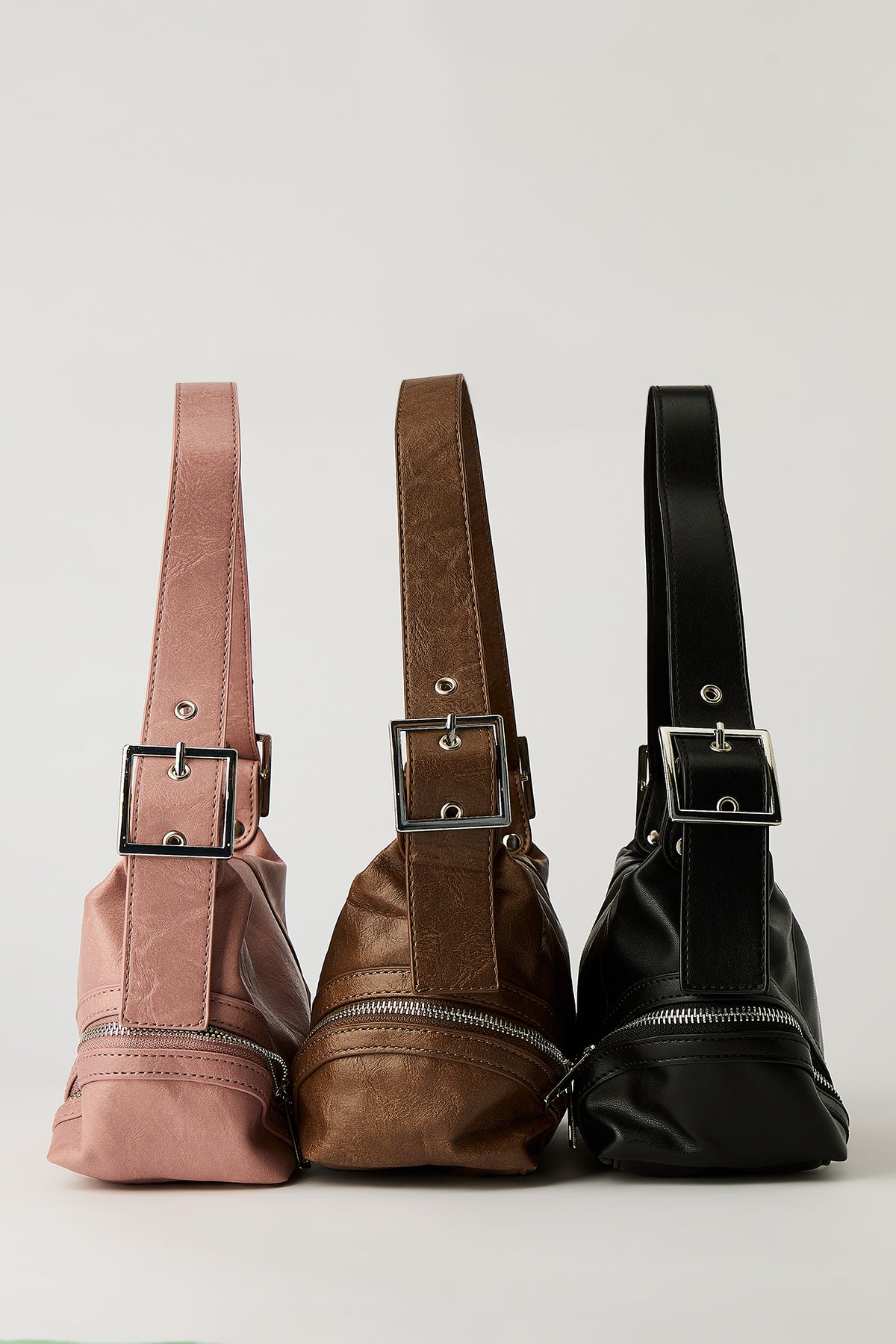 Faux Leather Distressed Zipper Hand Bag - Pink