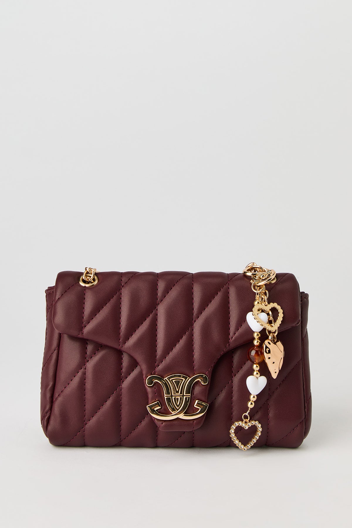 Quilted Crossbody Purse with Keychain - Wine