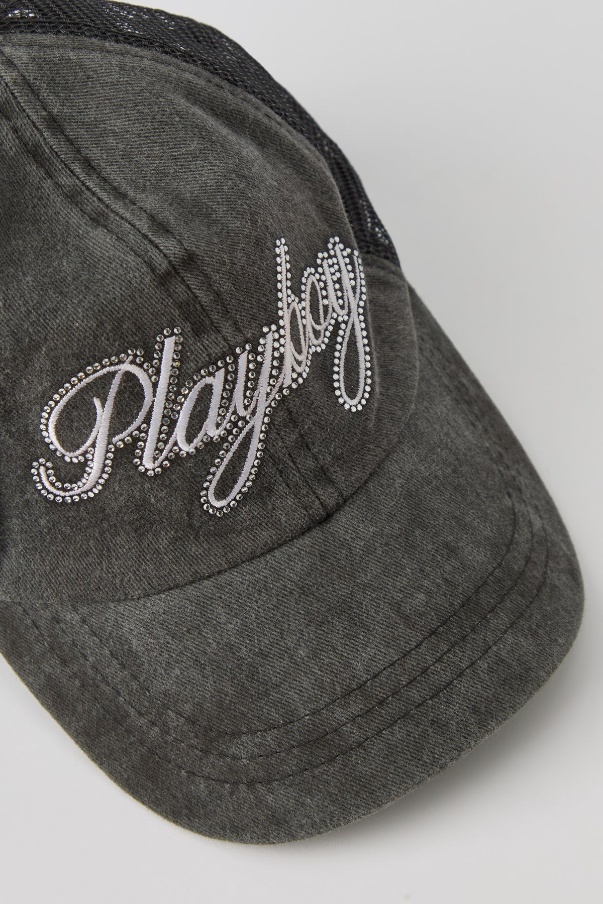 Alt View 2. Playboy Rhinestone Washed Trucker Hat - Charcoal