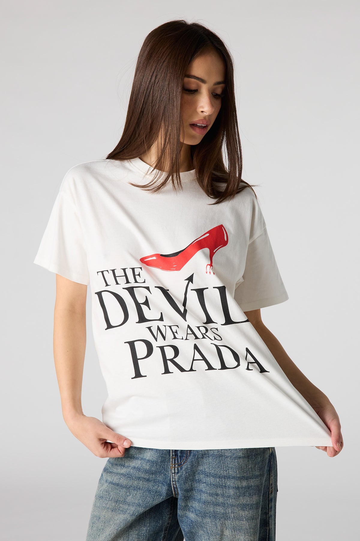 T-shirt de coupe garçonne en coton lourd de luxe à imprimé Devil Wears Prada