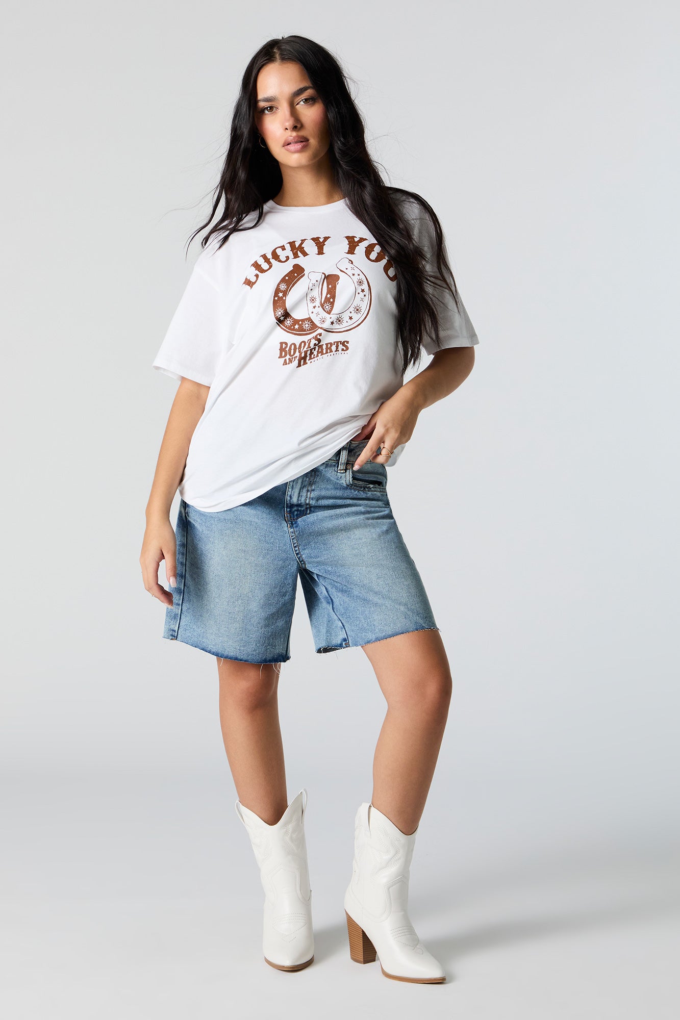 Lucky You Boots and Hearts Graphic Boyfriend T-Shirt