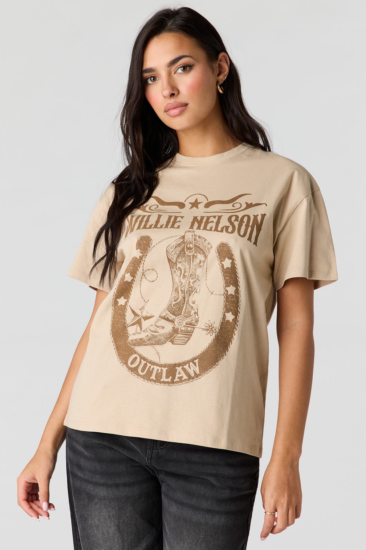 Willie Nelson Graphic Boyfriend T-Shirt - Tan