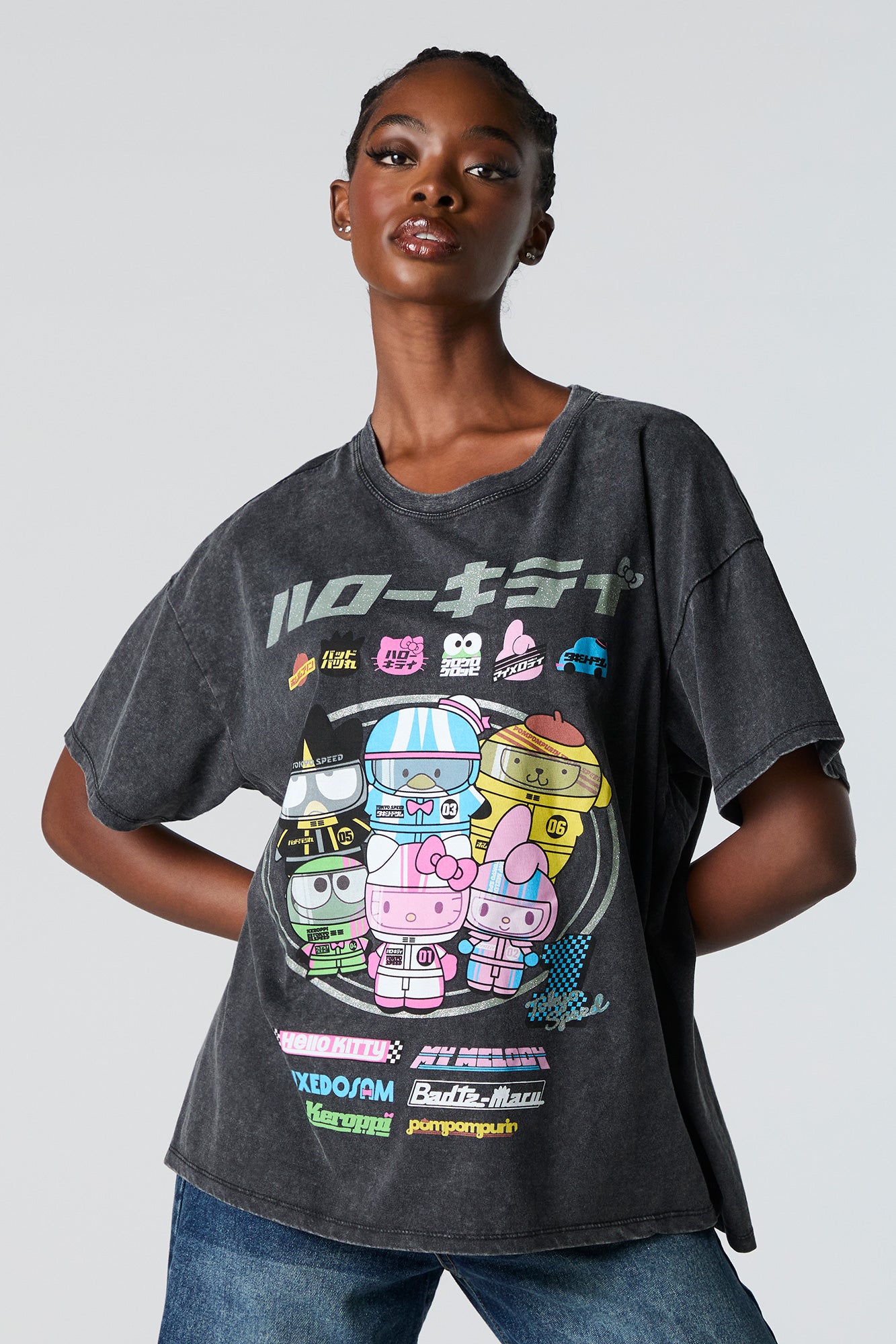 T-shirt de coupe garçonne délavé à imprimé Hello Kitty Racers