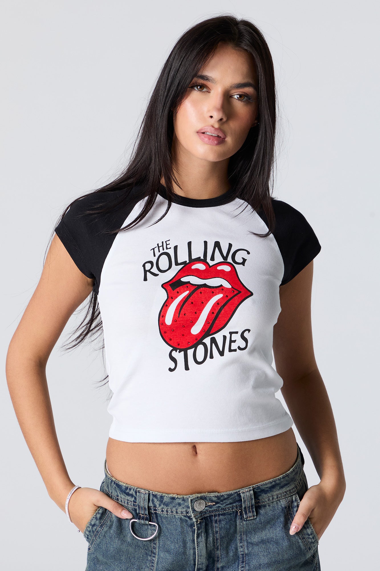 T-shirt raglan ultracourt à imprimé The Rolling Stones avec pierres du Rhin