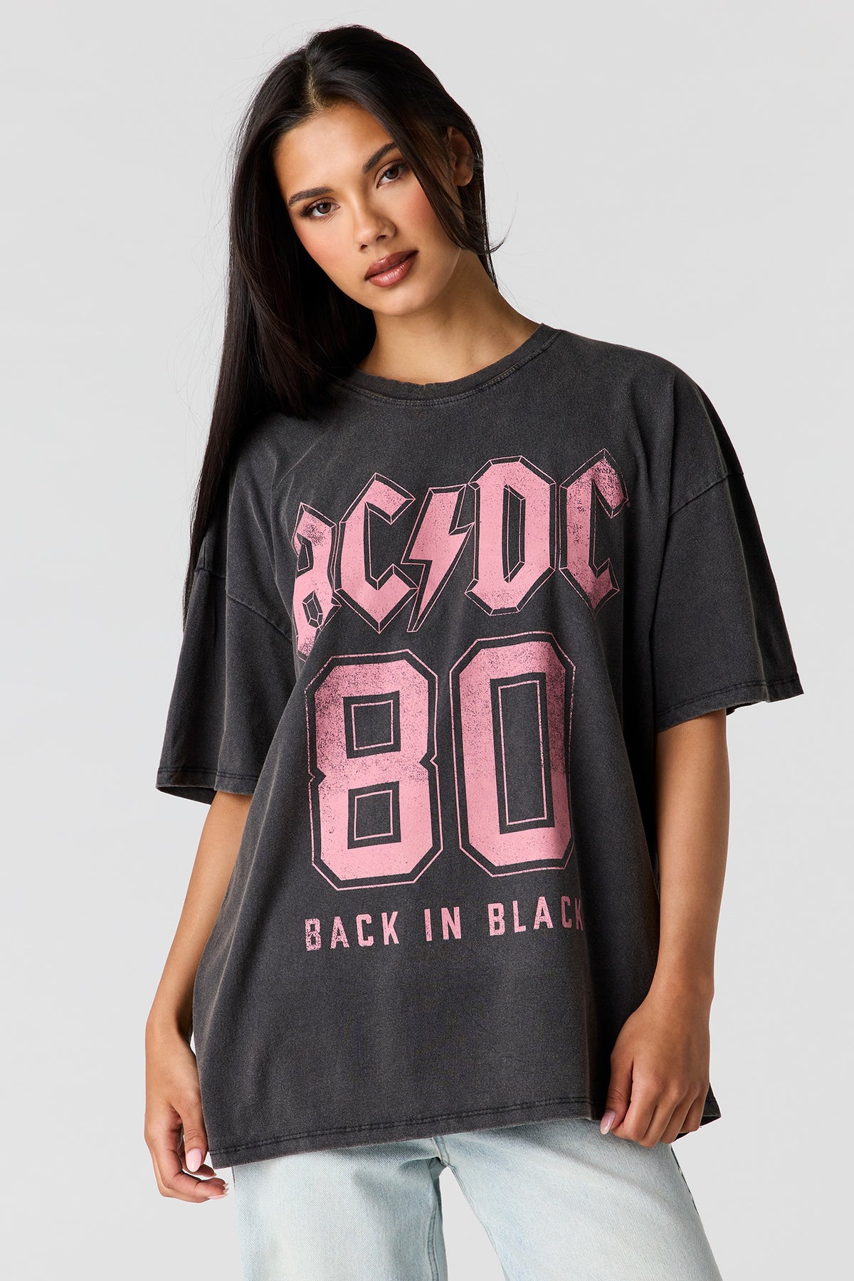 AC/DC Graphic Washed Boyfriend T-Shirt - Black