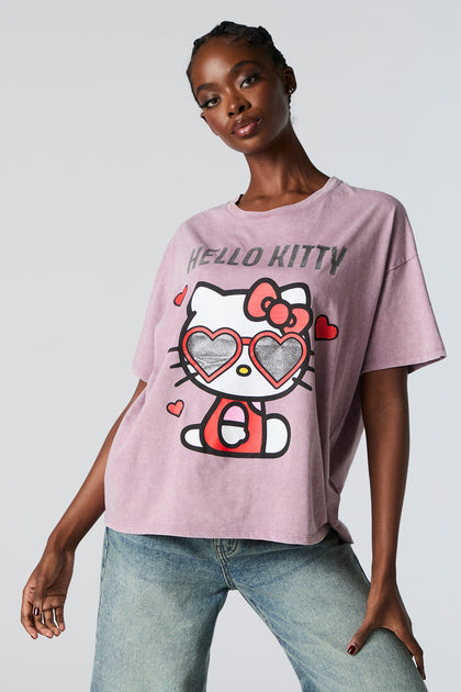 T-shirt de coupe garçonne délavé à imprimé Hello Kitty