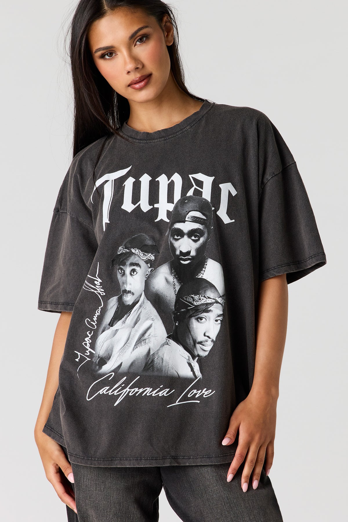 Tupac Graphic Washed Boyfriend T-Shirt - Black
