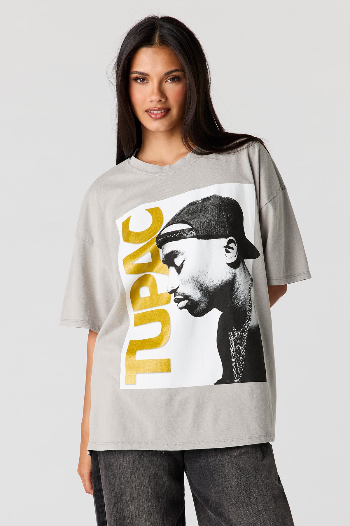 Tupac Graphic Washed Boyfriend T-Shirt - Dark Grey