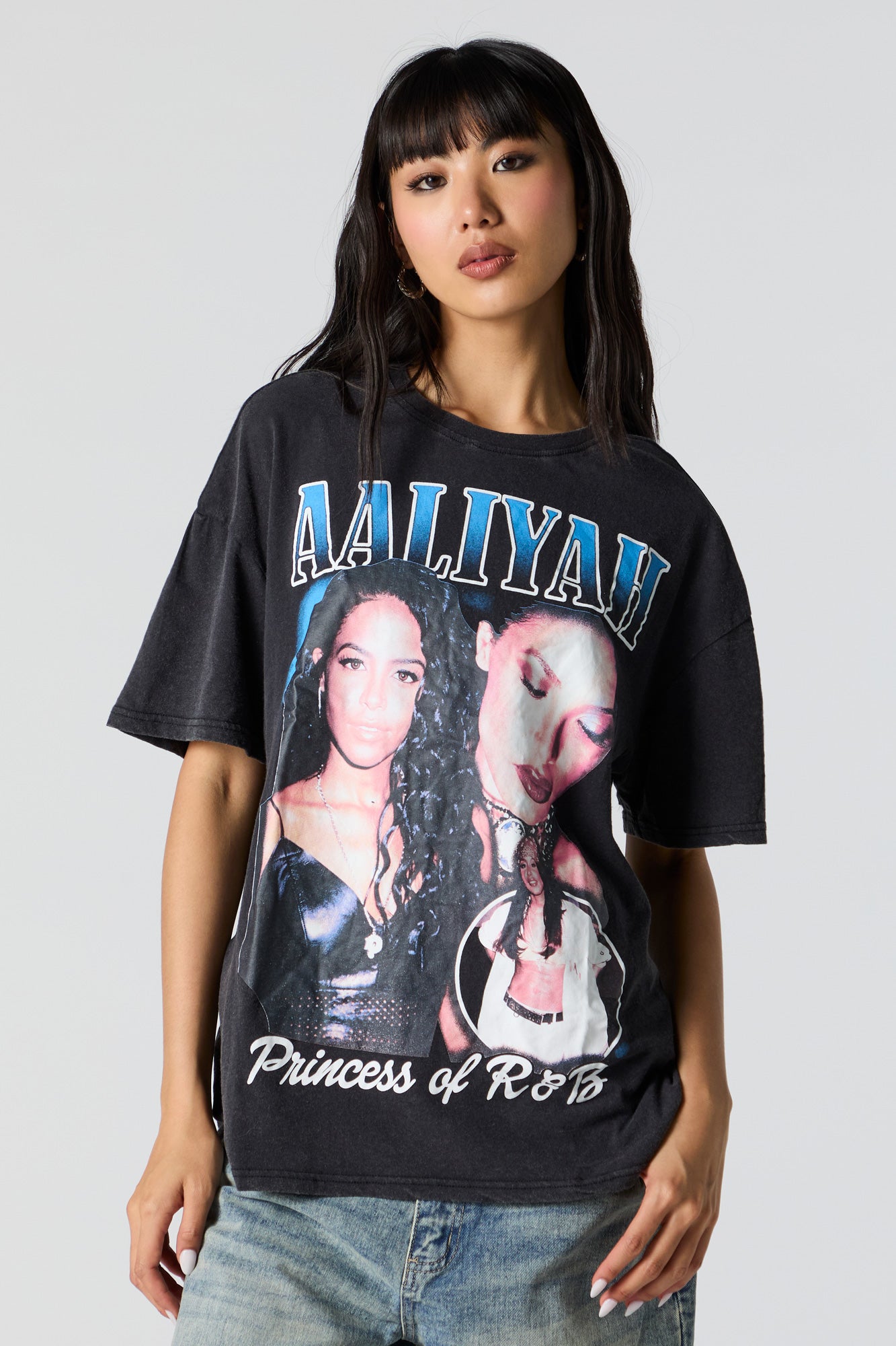 T-shirt de coupe garçonne délavé à imprimé Aaliyah