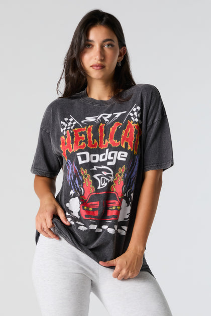 T-shirt de coupe garçonne délavé à imprimé Hellcat Dodge