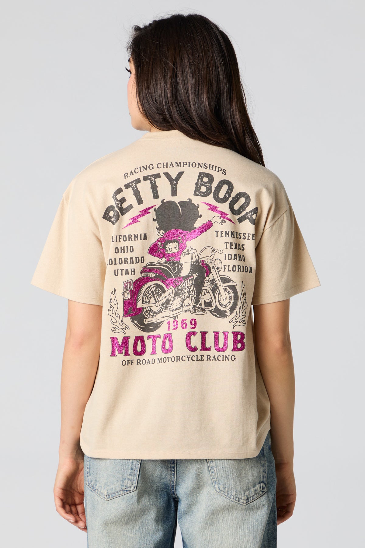 Betty Boop Moto Club Graphic Boyfriend T-Shirt - Tan