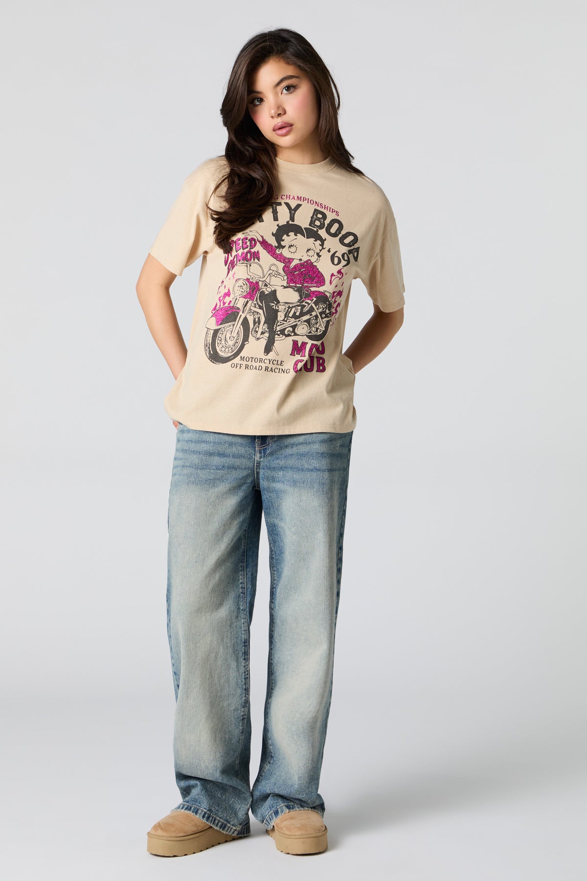 Alt View 3. Betty Boop Moto Club Graphic Boyfriend T-Shirt - Tan