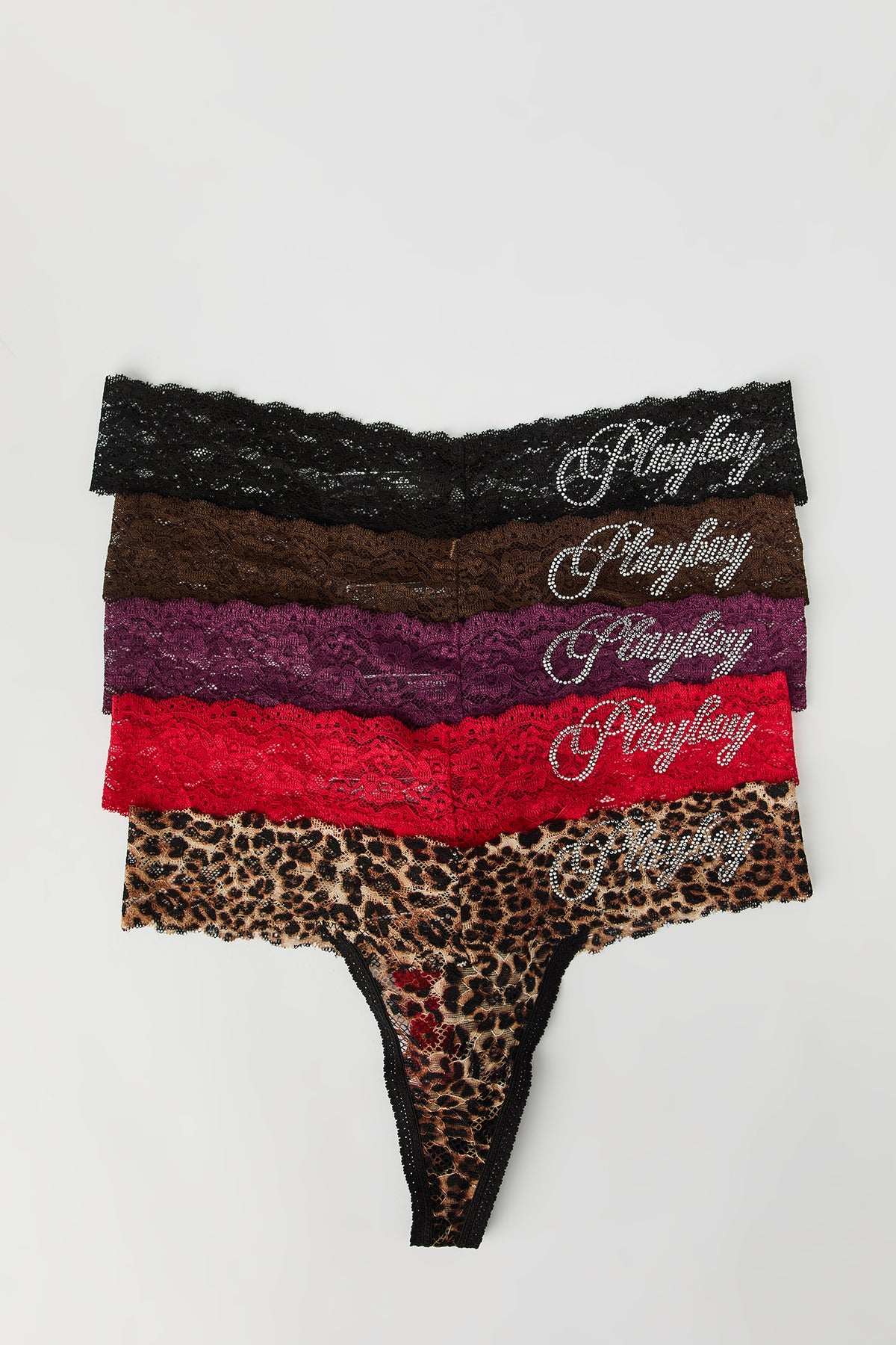 Vue alternative 4. Tanga en dentelle à imprimé Playboy avec pierres du Rhin (Lot de 5)
