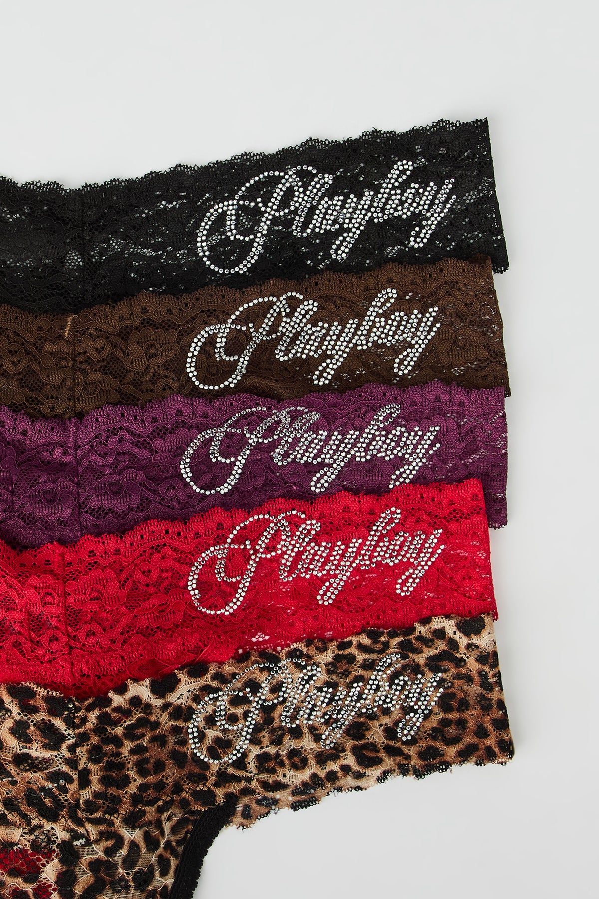 Vue alternative 6. Tanga en dentelle à imprimé Playboy avec pierres du Rhin (Lot de 5)